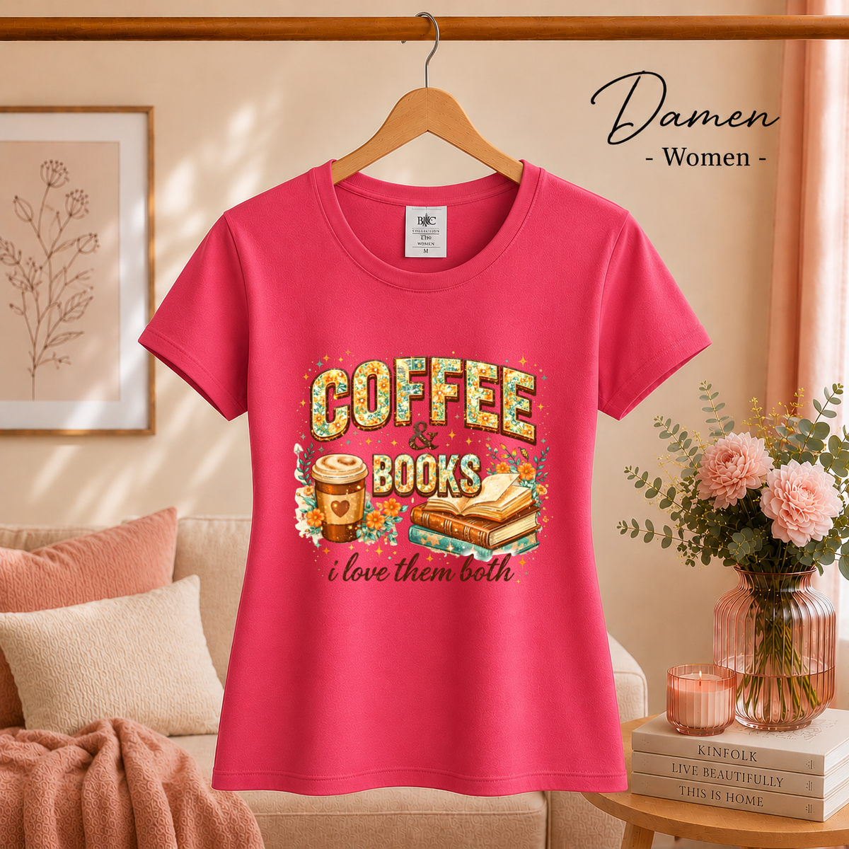Damen Fuchsia – Coffee & Books T-Shirt – Floraler Print für Leseratten & Kaffeeliebhaber