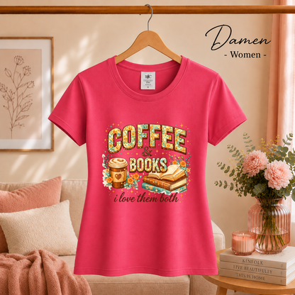 Damen Fuchsia – Coffee & Books T-Shirt – Floraler Print für Leseratten & Kaffeeliebhaber