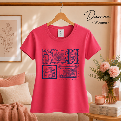 Damen Fuchsia – Lesemotiv T-Shirt: Born to Read, Just One More Chapter & Buchliebe Stempeldesign