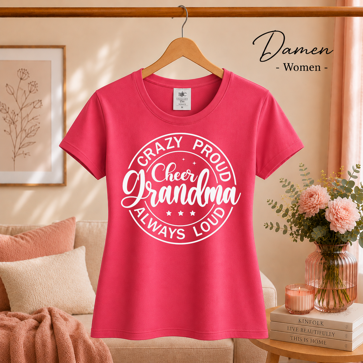 Damen Fuchsia – T-Shirt mit „Crazy Proud Cheer Grandma“ Spruch für die stolzeste und lauteste Oma