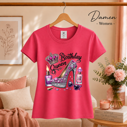 Damen Fuchsia – Birthday Queen T-Shirt mit glamourösem Glitzer-High-Heel und Krone
