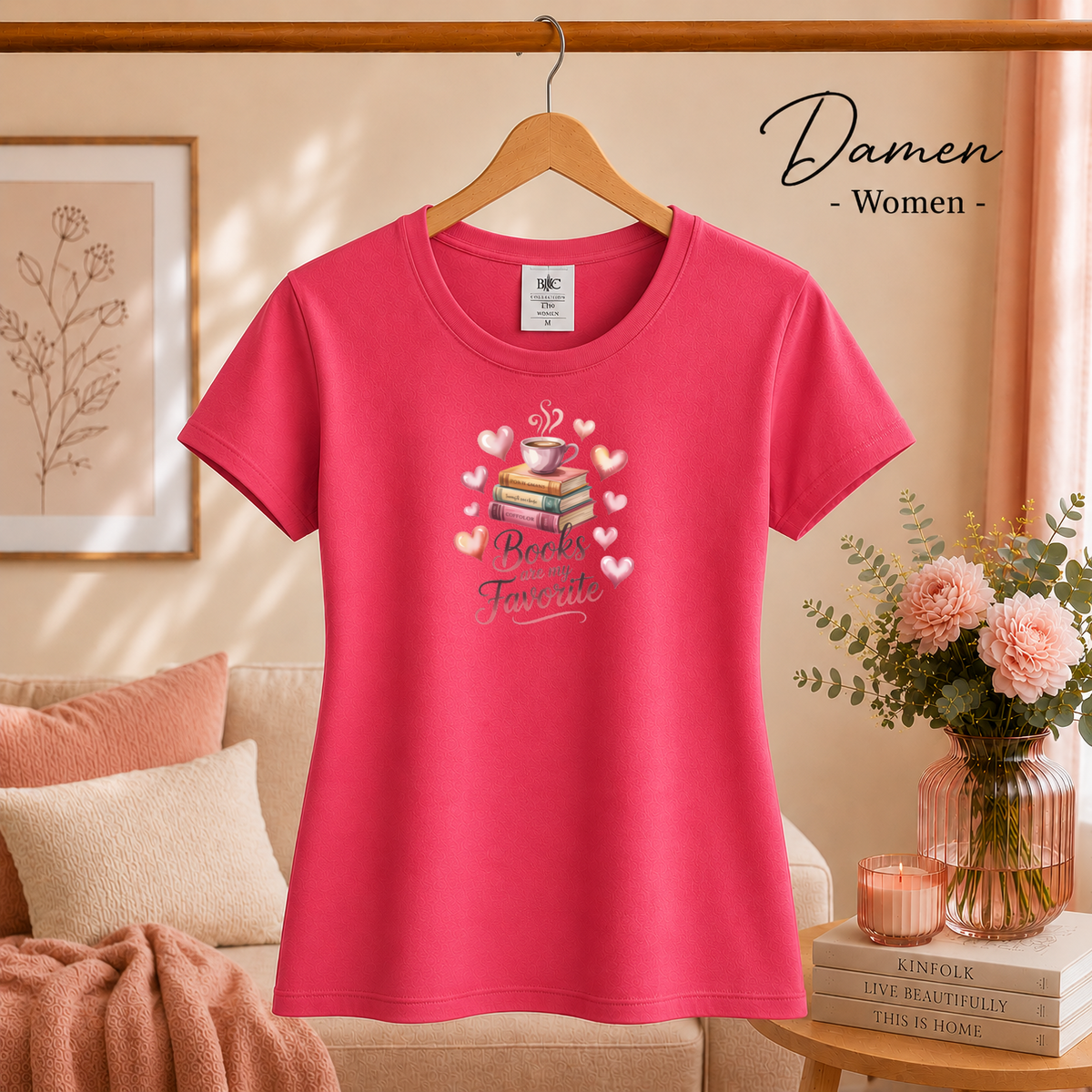 Damen Fuchsia – T-Shirt 'Books are my Favorite' | Romantisches Bücherwurm-Design mit Kaffee & Herzen