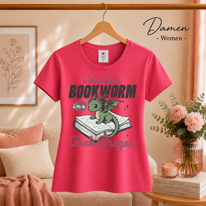Damen Fuchsia – Buch Drache T-Shirt – Niedlicher Drache auf Buch mit tollem Spruch