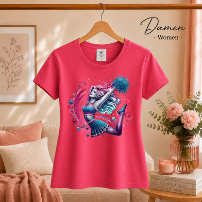 Damen Fuchsia – T-Shirt mit dynamischem Cheerleader-Motiv und galaktischen Sternen