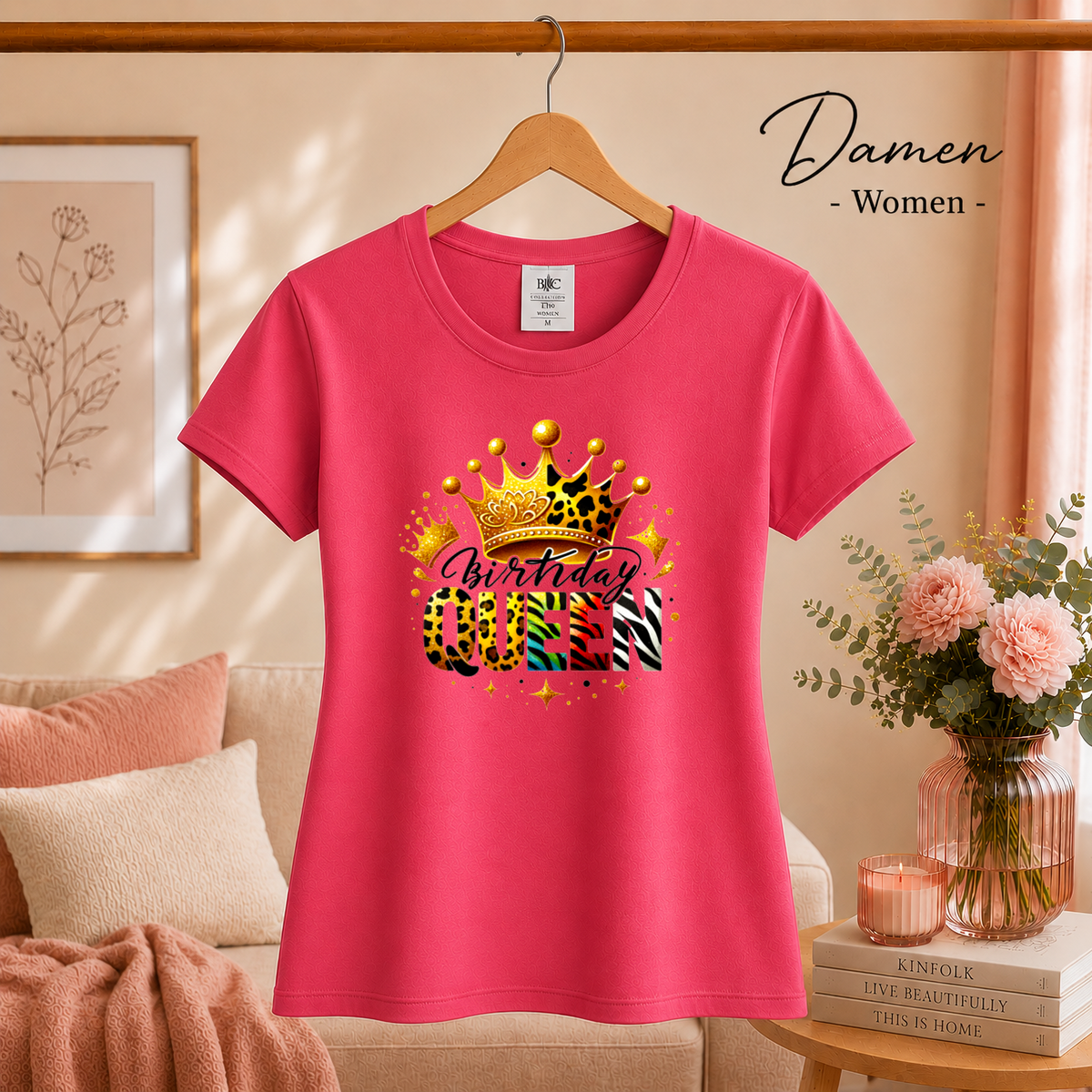 Damen Fuchsia – T-Shirt mit 'Birthday Queen' Schriftzug, goldener Krone und buntem Animal-Print Design