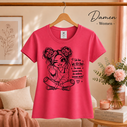 Damen Fuchsia – T-Shirt mit frechem Mädchen & Spruch 'Die anderen können mich!' – Statement-Design mit Mittelfinger