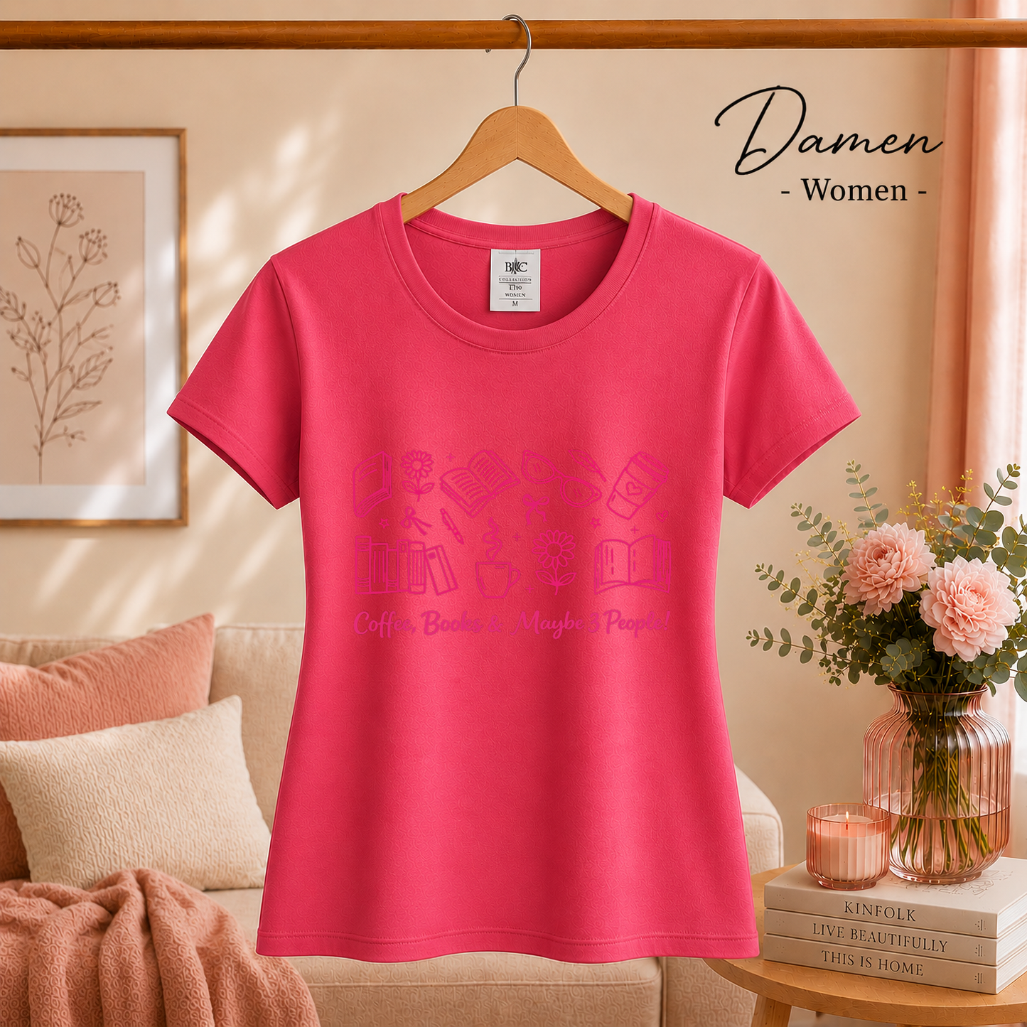 Damen Fuchsia – Lese-Liebe T-Shirt: 'Coffee, Books & Maybe 3 People!' Motiv in Pink