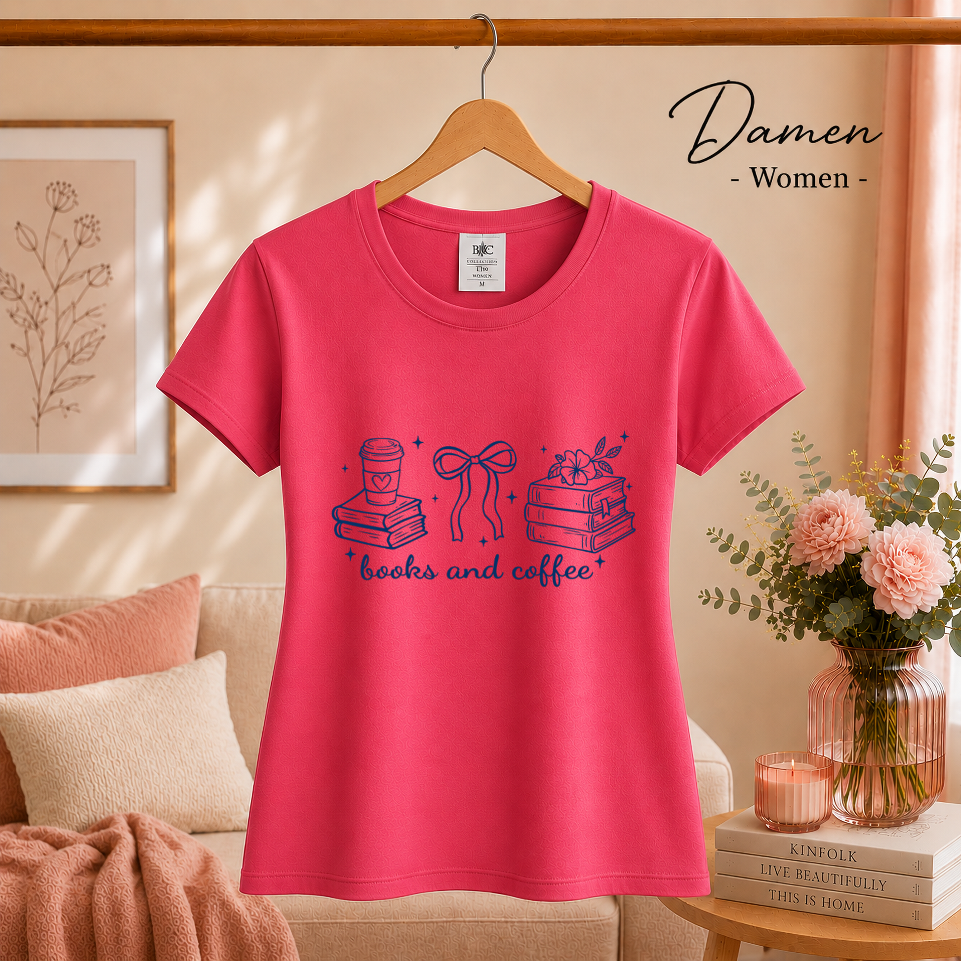 Damen Fuchsia – Bücher & Kaffee Liebhaber Design T-Shirt | Charmantes Motiv für Lesefreunde