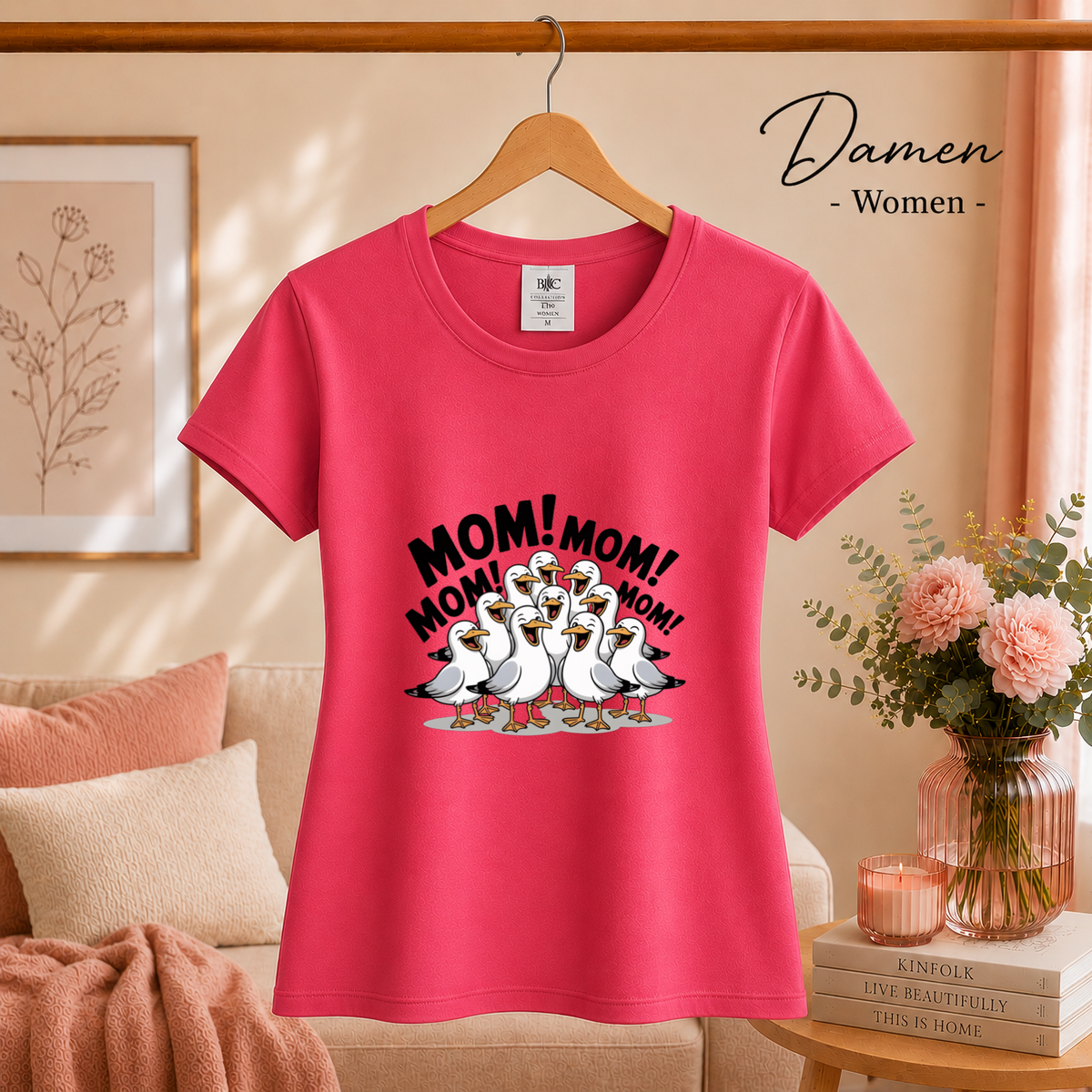 Damen Fuchsia – Lustiges T-Shirt mit schreienden Möwen und 'MOM! MOM!' Aufdruck