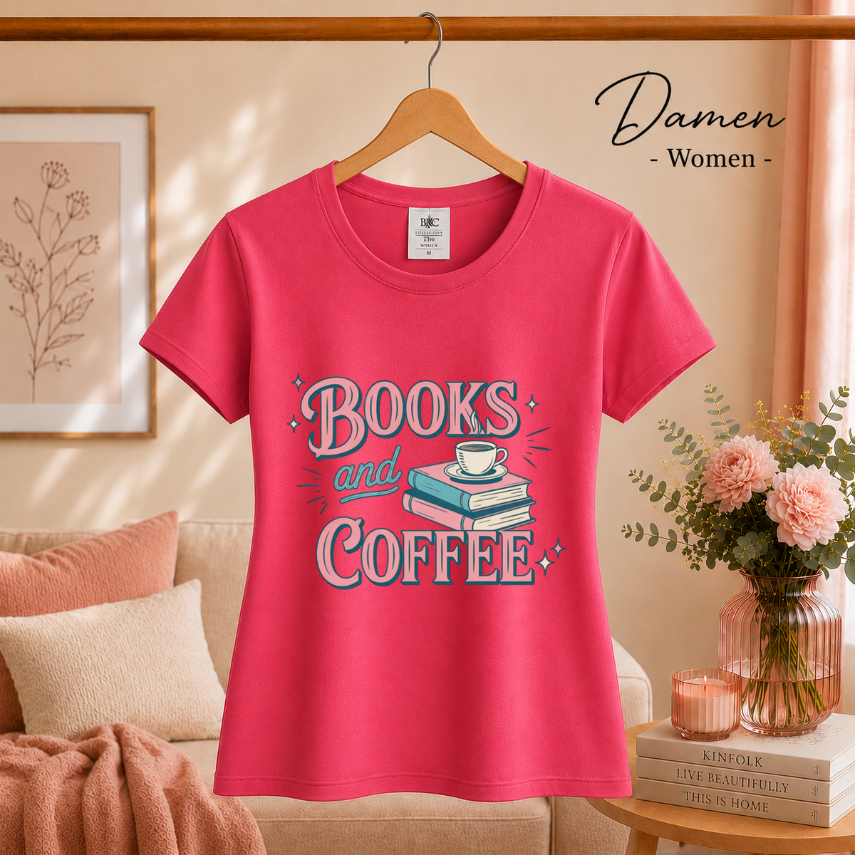 Damen Fuchsia – Books and Coffee T-Shirt | Charmantes Design für Leseratten & Kaffeefans