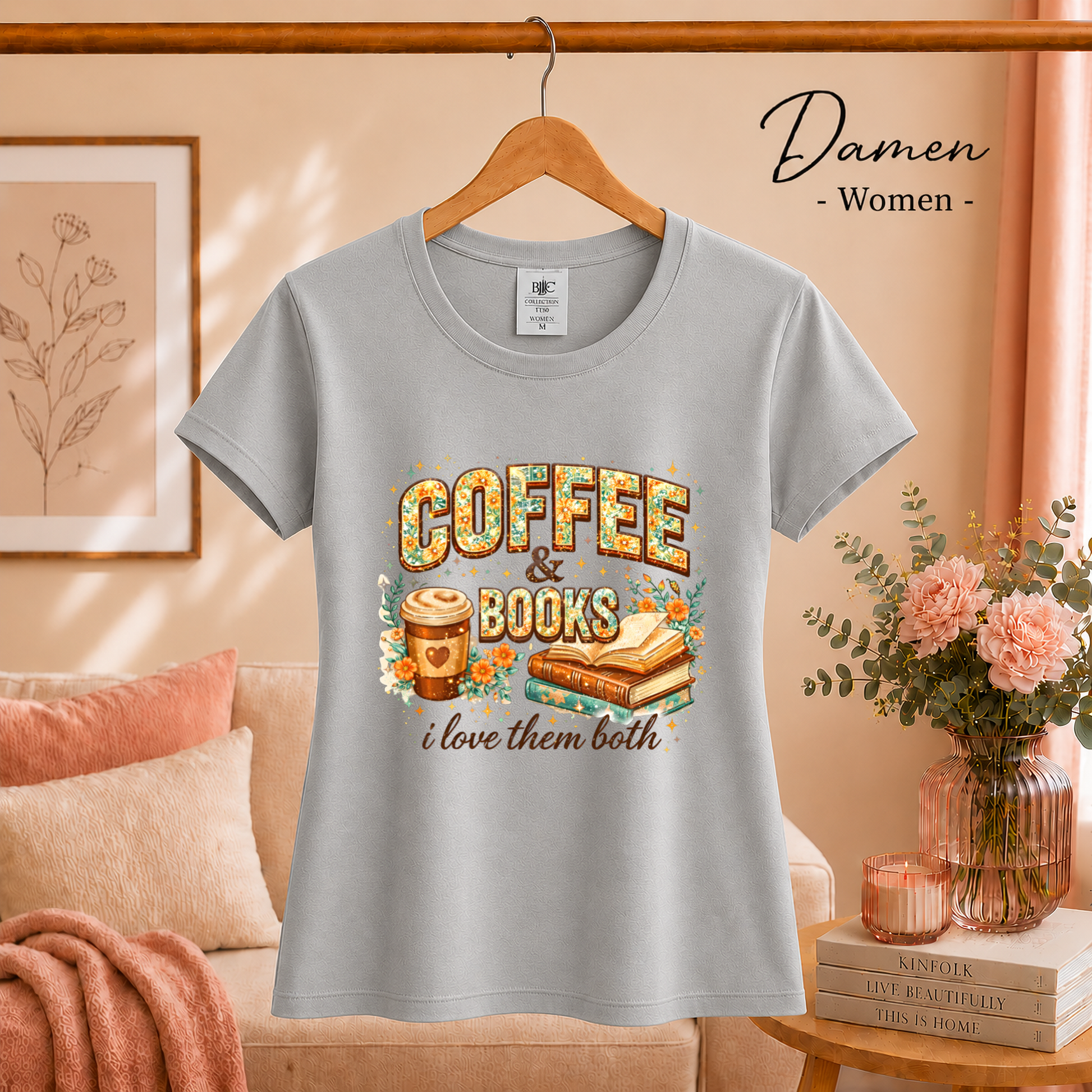 Damen Grau – Coffee & Books T-Shirt – Floraler Print für Leseratten & Kaffeeliebhaber