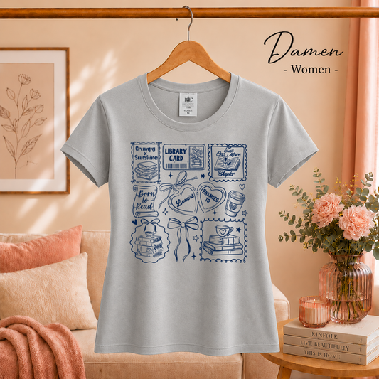 Damen Grau – Born to Read | Literarisches Collage T-Shirt mit 'Grumpy x Sunshine' & 'Enemies to Lovers' Motiv
