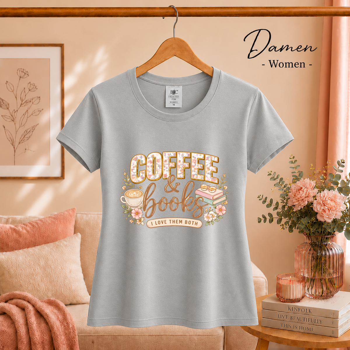 Damen Grau – T-Shirt mit Coffee & Books Design | Floral-verzierter Spruch für Bücher- und Kaffeeliebhaber