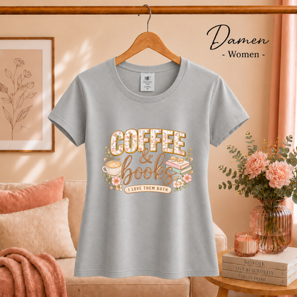 Damen Grau – T-Shirt mit Coffee & Books Design | Floral-verzierter Spruch für Bücher- und Kaffeeliebhaber
