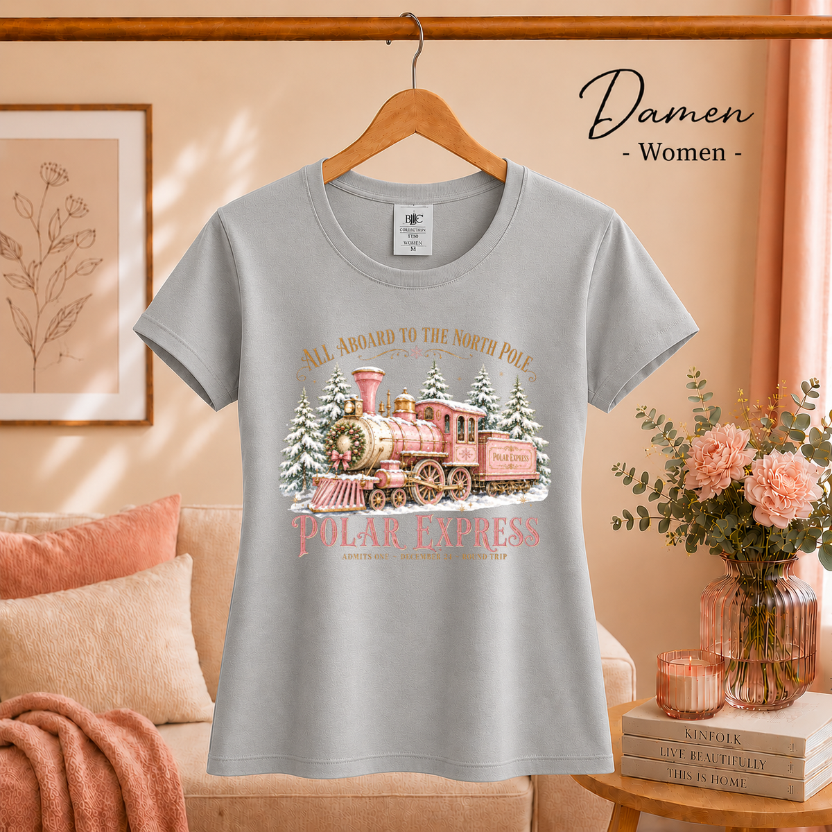 Damen Grau – T-Shirt Polar Express: Magische Weihnachtsfahrt zum Nordpol im Vintage-Design