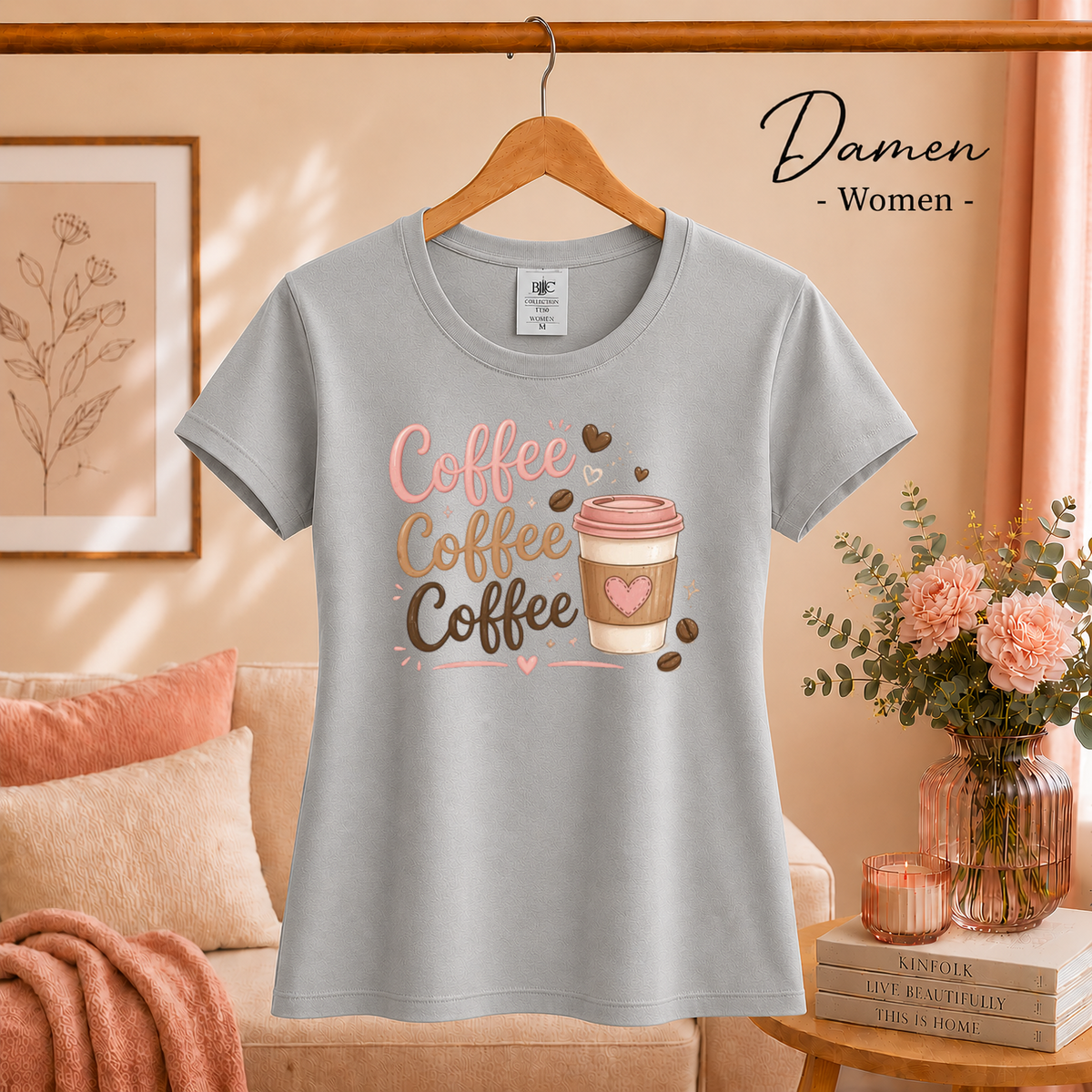 Damen Grau – Coffee Coffee Coffee T-Shirt | Design mit süßem Kaffeebecher und Herz