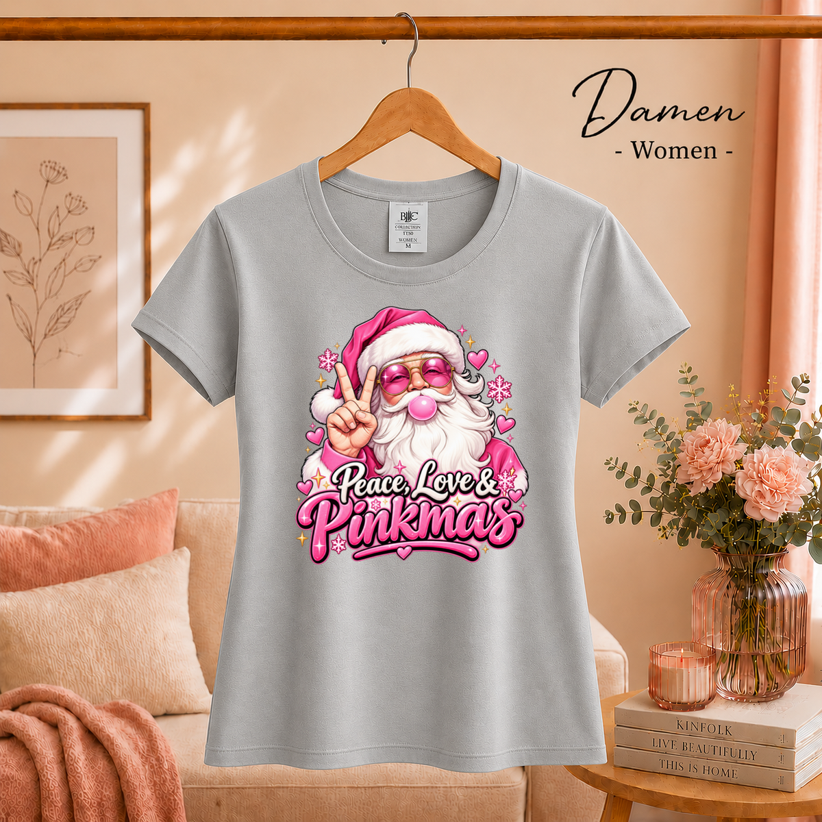 Damen Grau – Pinkmas T-Shirt: Cooler Weihnachtsmann mit Peace-Zeichen & rosa Sonnenbrille