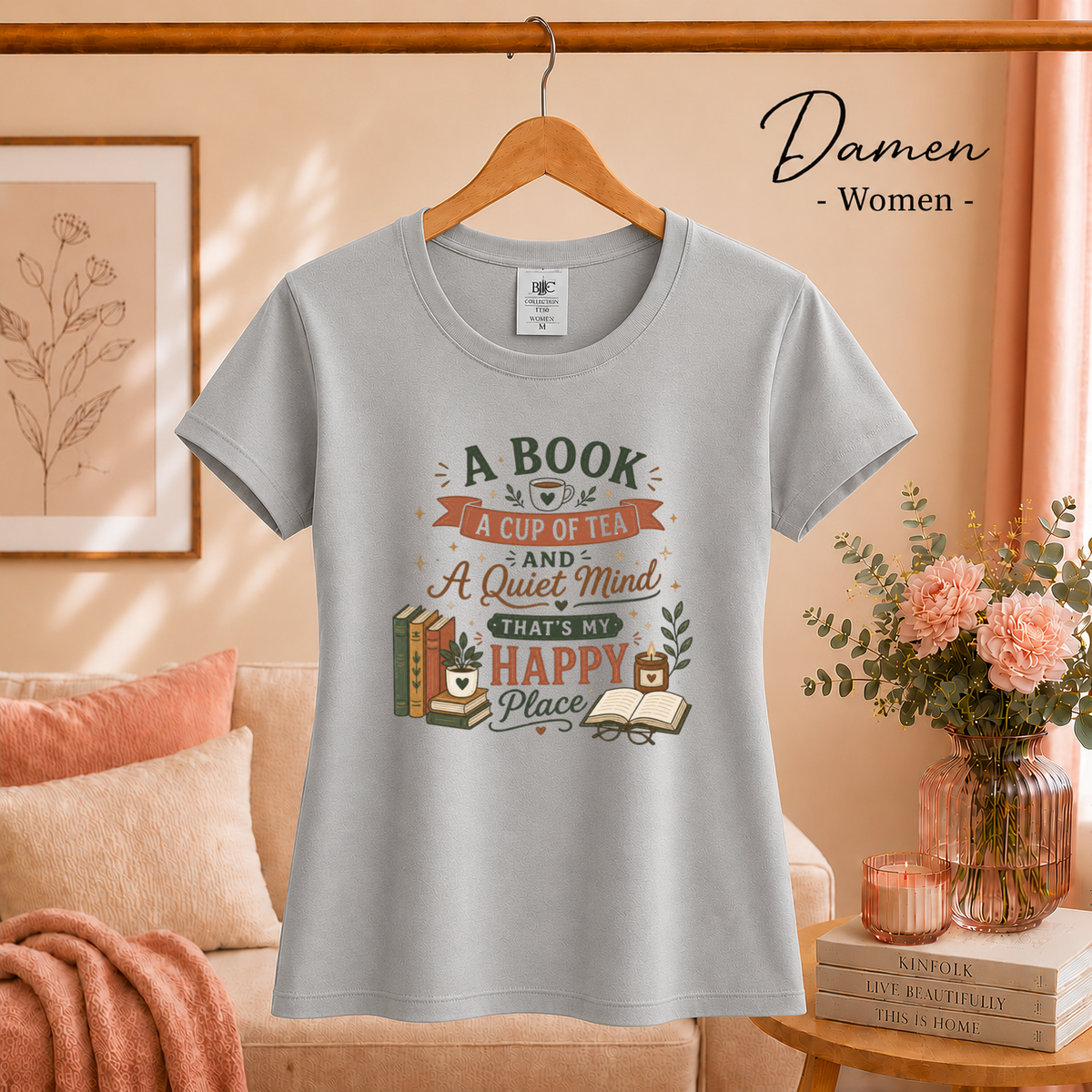 Damen Grau – T-Shirt 'Happy Place' mit Buch und Tee Motiv – Design für entspannte Lesemomente