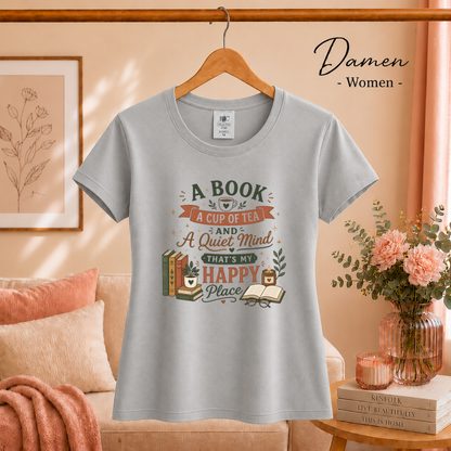Damen Grau – T-Shirt 'Happy Place' mit Buch und Tee Motiv – Design für entspannte Lesemomente