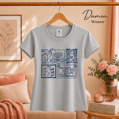 Damen Grau – Lesemotiv T-Shirt: Born to Read, Just One More Chapter & Buchliebe Stempeldesign