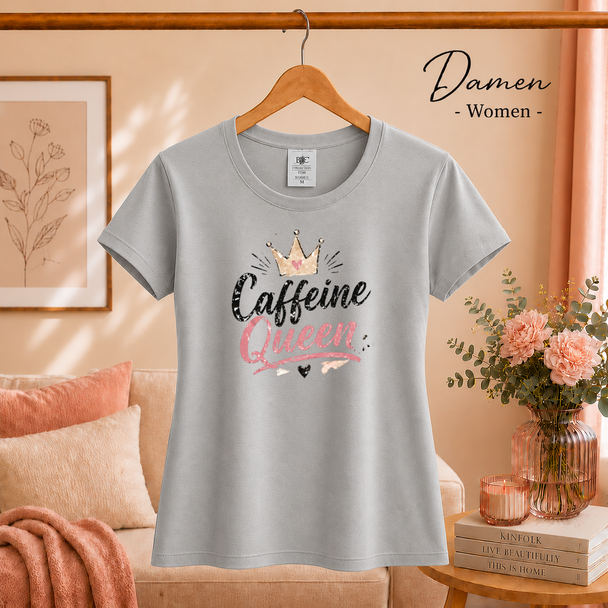 Damen Grau – Statement T-Shirt mit 'Caffeine Queen' Schriftzug und funkelnder Krone