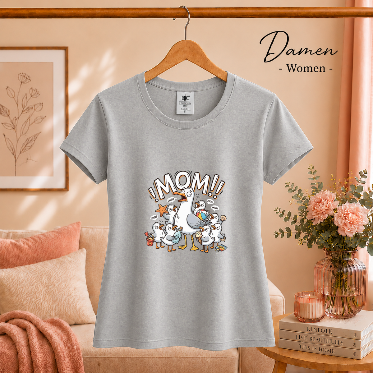 Damen Grau – T-Shirt mit gestresster Möwen-Mama | Witziges Cartoon-Design mit chaotischer Küken-Schar