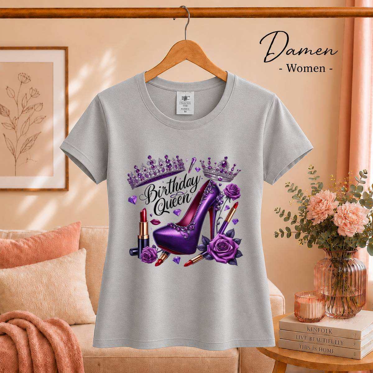 Damen Grau – Birthday Queen T-Shirt: Glamour-Design mit lila High Heel, Krone und Rosen
