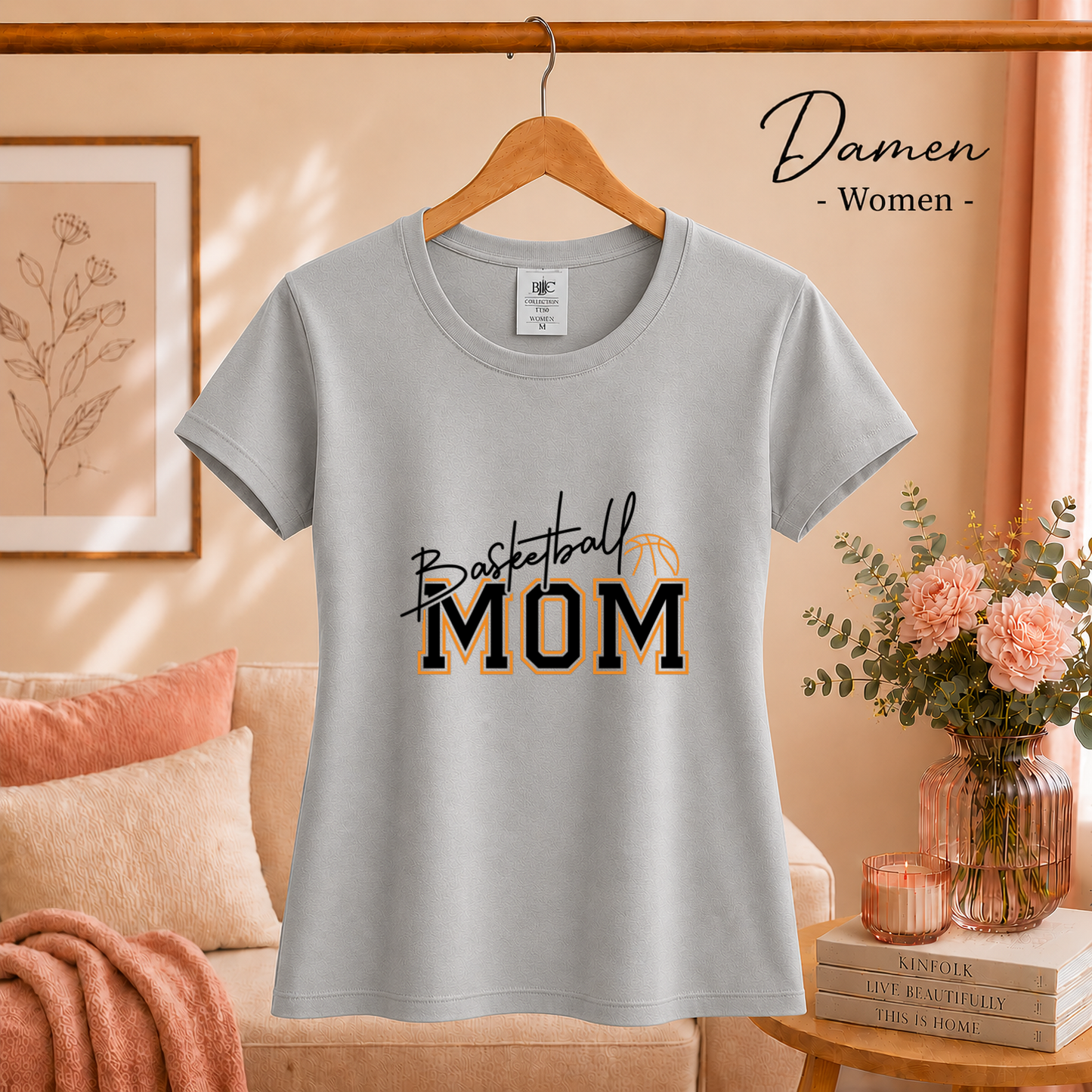 Damen Grau – Basketball Mom Statement-Shirt | College-Style Schriftzug mit Ball-Grafik