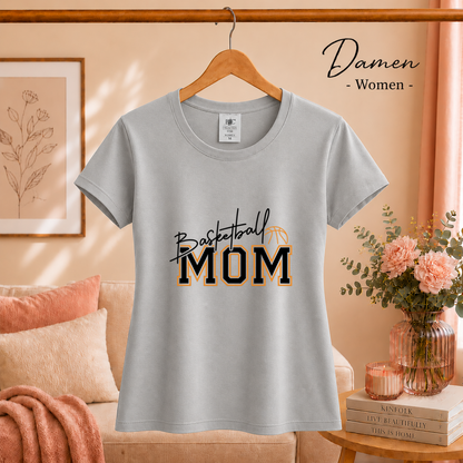 Damen Grau – Basketball Mom Statement-Shirt | College-Style Schriftzug mit Ball-Grafik