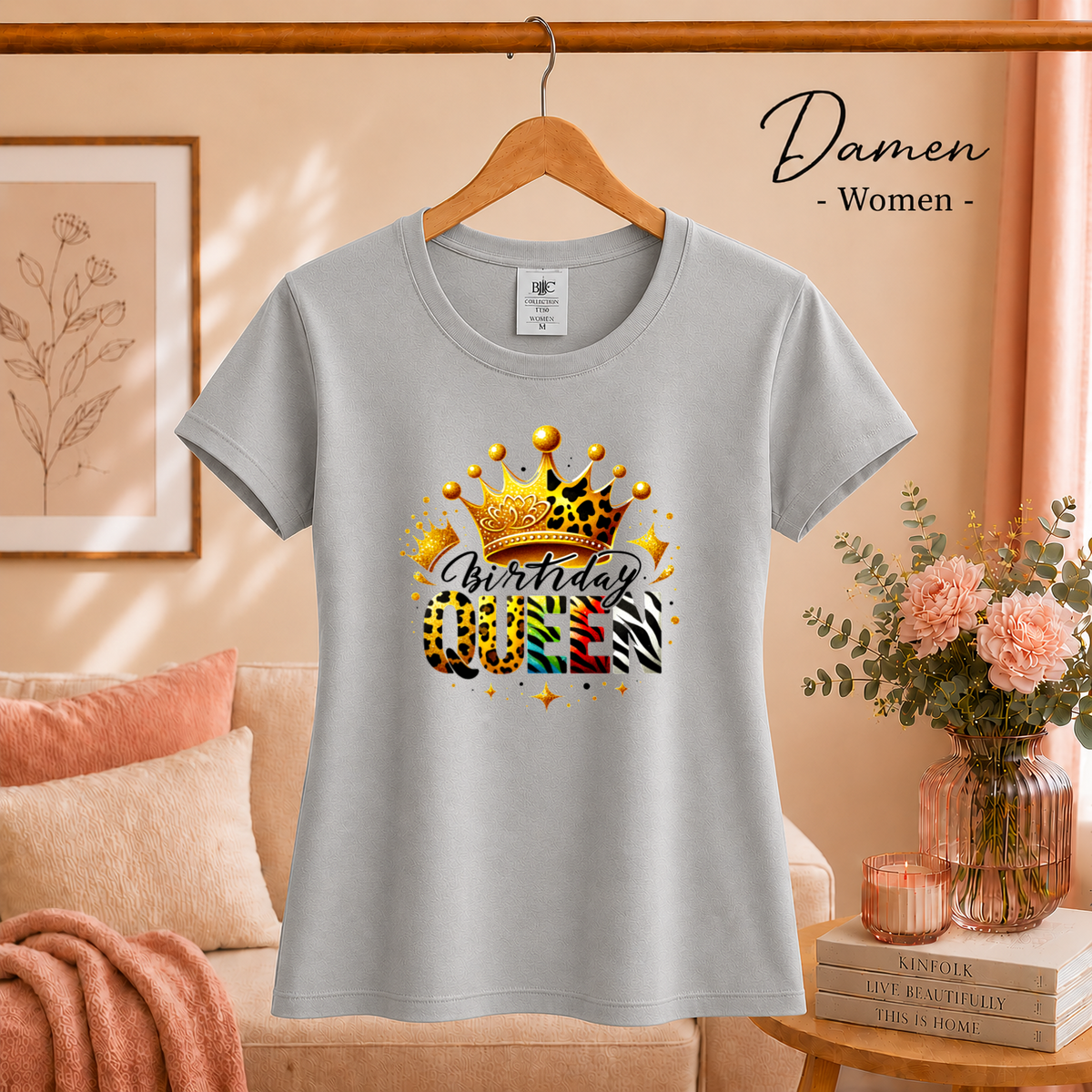 Damen Grau – T-Shirt mit 'Birthday Queen' Schriftzug, goldener Krone und buntem Animal-Print Design