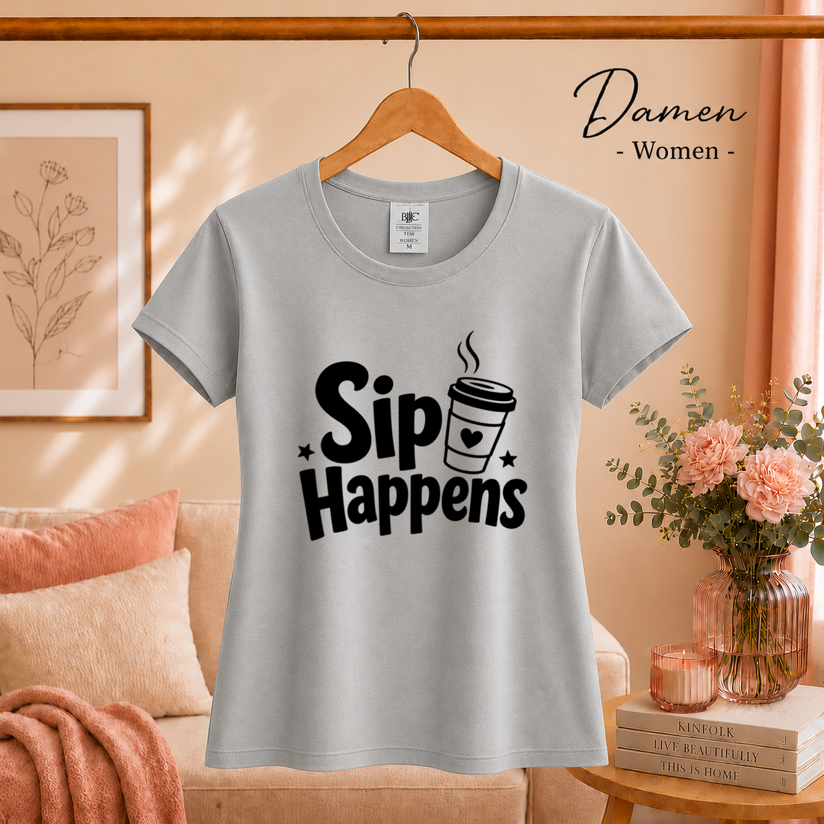 Damen Grau – T-Shirt "Sip Happens" – Design mit lustigem Kaffee-Wortspiel und To-Go-Becher-Grafik