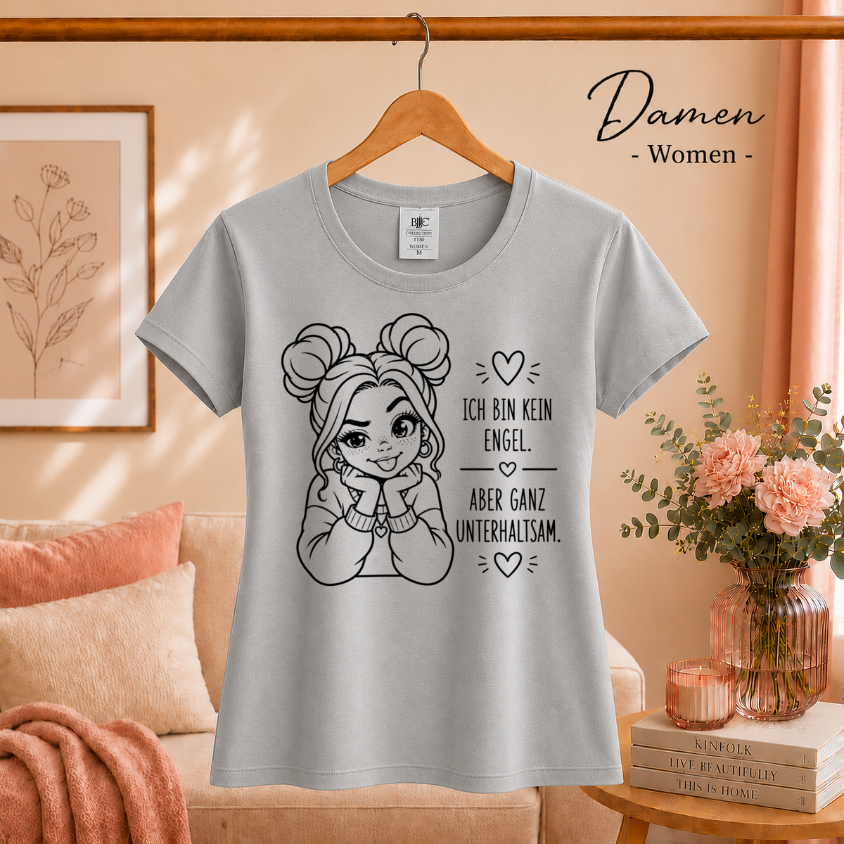Damen Grau – T-Shirt mit frechem Spruch 'Ich bin kein Engel, aber ganz unterhaltsam' und Comic-Mädchen Design