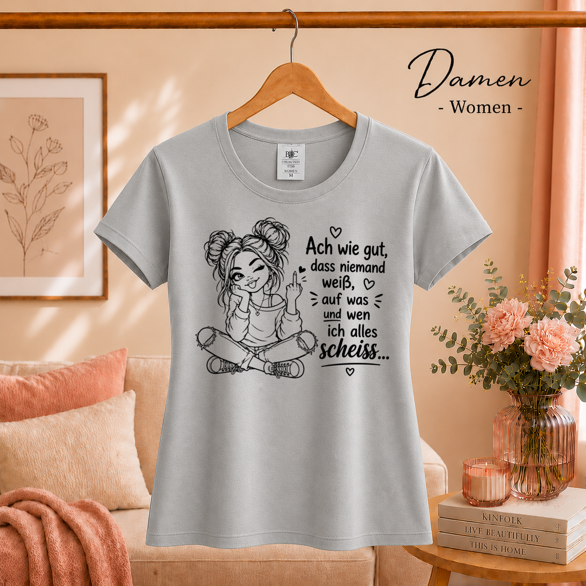 Damen Grau – Statement T-Shirt „Auf was und wen ich alles scheiss…“ mit frecher Comic-Figur