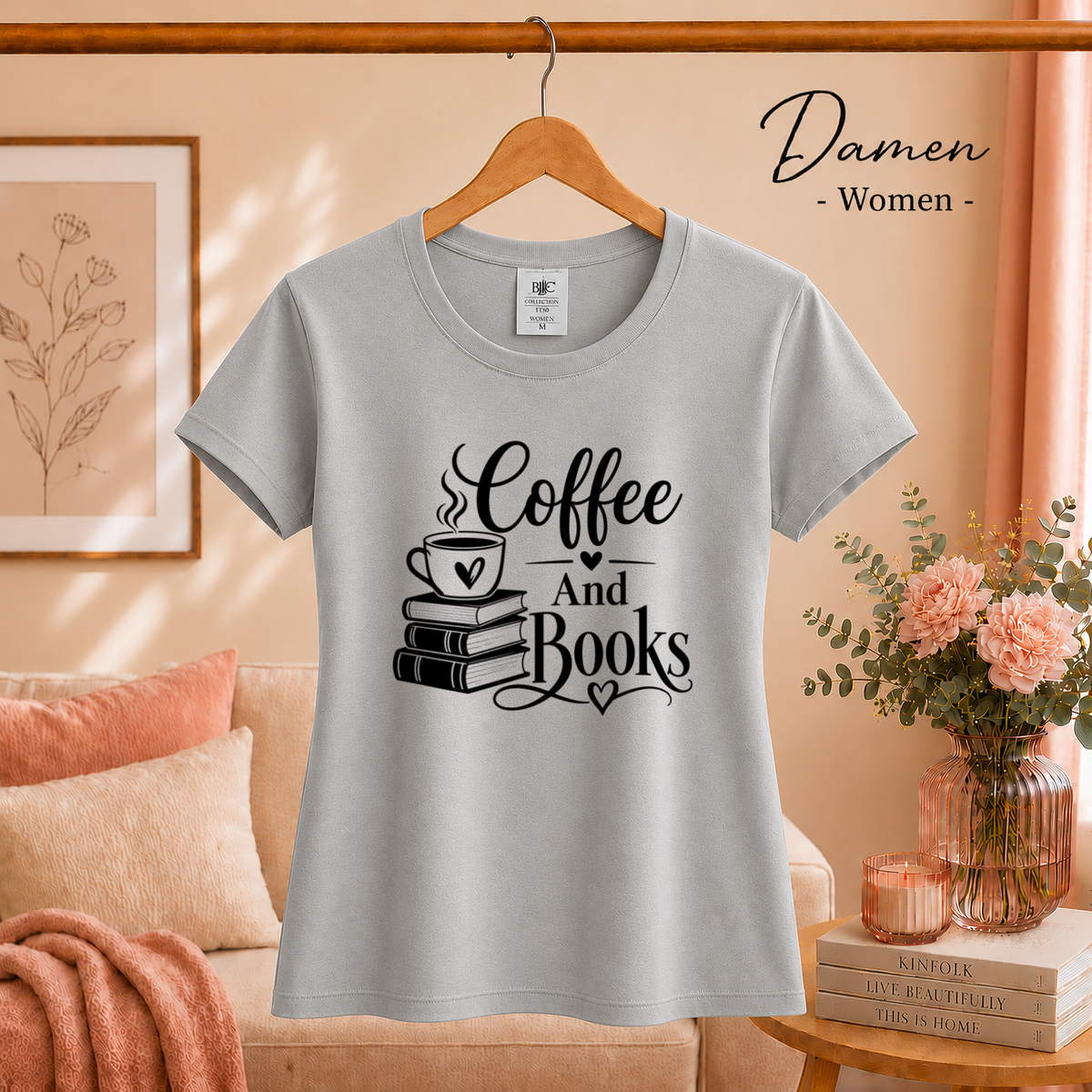 Damen Grau – T-Shirt mit 'Coffee And Books' Spruch | Design für Leseratten und Kaffeeliebhaber