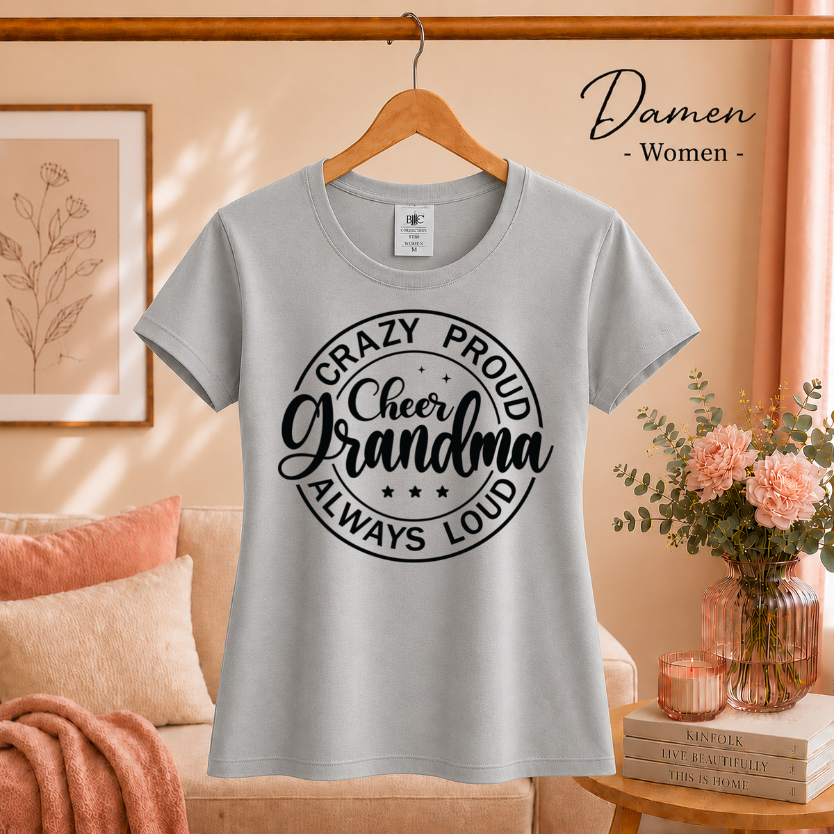 Damen Grau – T-Shirt mit 'Crazy Proud Cheer Grandma' Spruch | Design für stolze Cheerleader-Omas