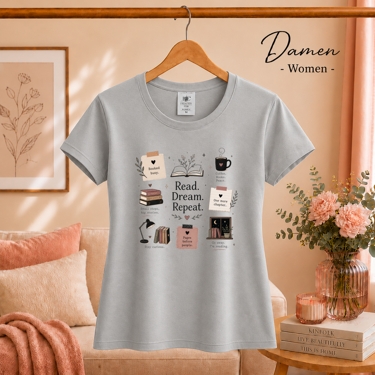 Damen Grau – T-Shirt mit 'Read. Dream. Repeat.' Design – Das perfekte Outfit für gemütliche Lesestunden