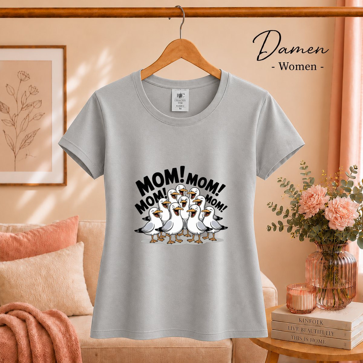 Damen Grau – Lustiges T-Shirt mit schreienden Möwen und 'MOM! MOM!' Aufdruck