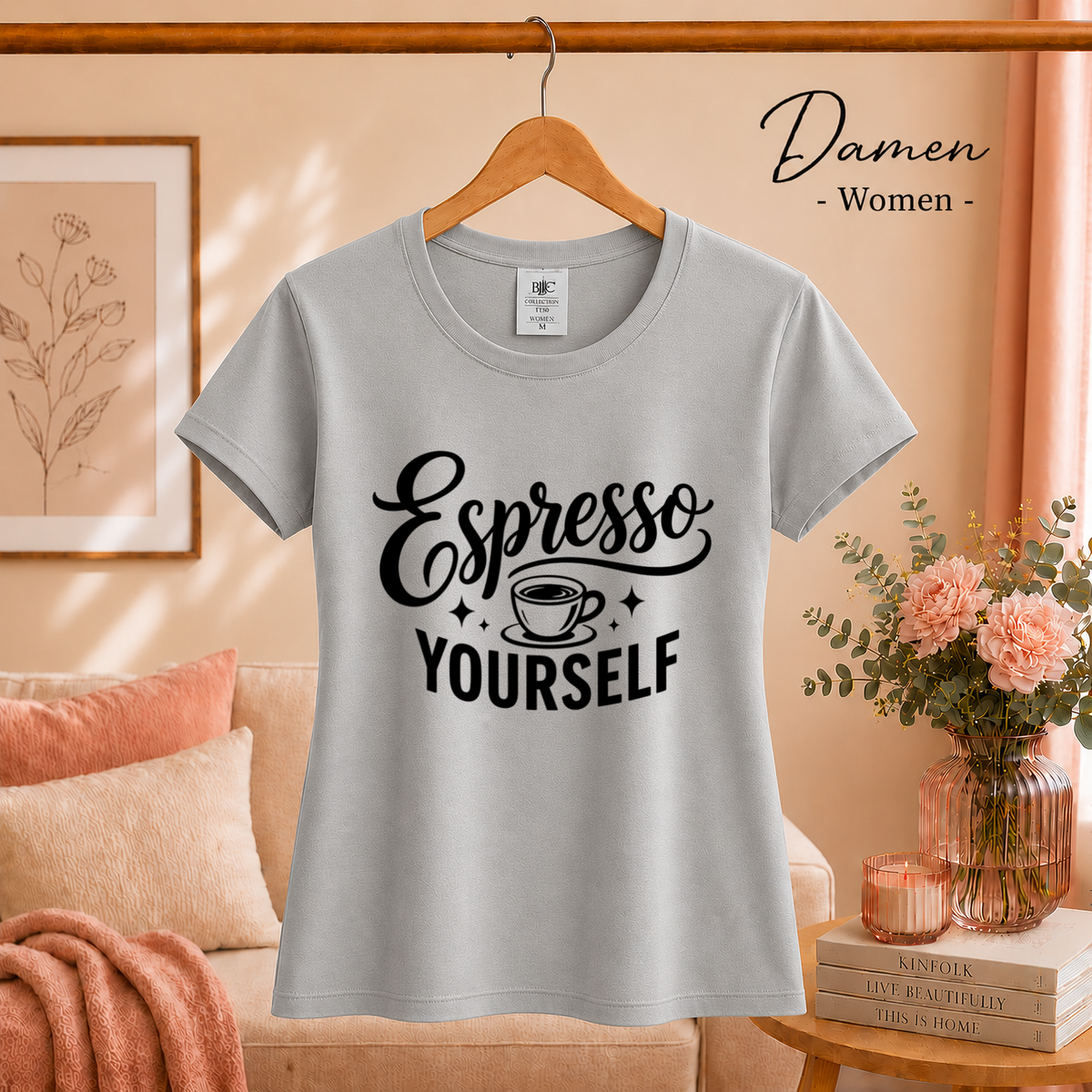 Damen Grau – T-Shirt mit Spruch "Espresso Yourself" | Witziges Wortspiel-Design für Kaffeeliebhaber