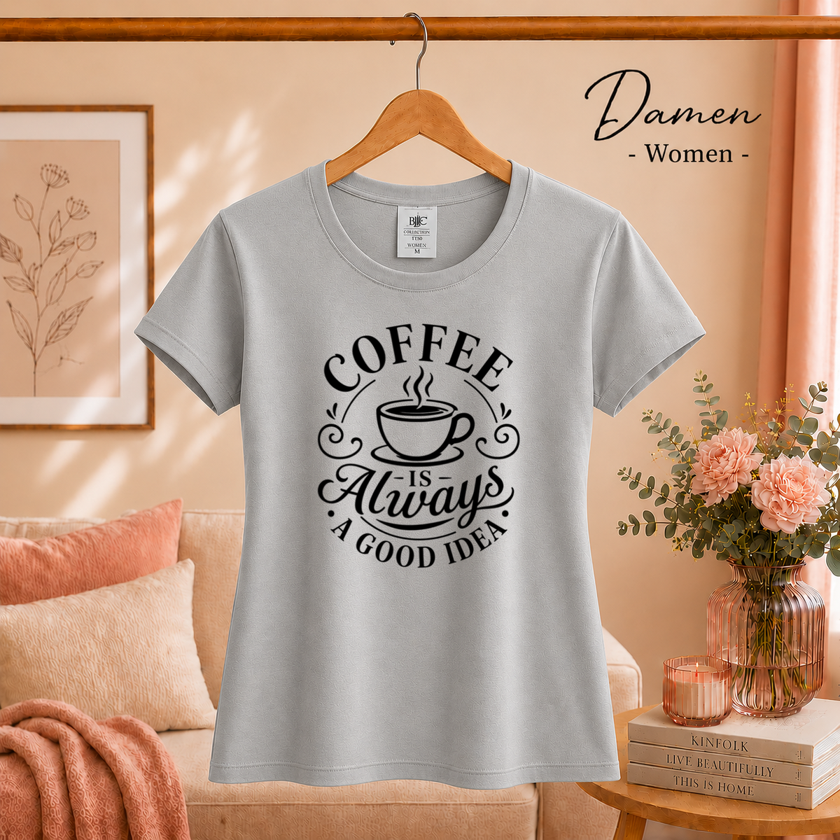 Damen Grau – T-Shirt mit Spruch 'Coffee is Always a Good Idea' | Kaffeetassen-Motiv & Typografie Design