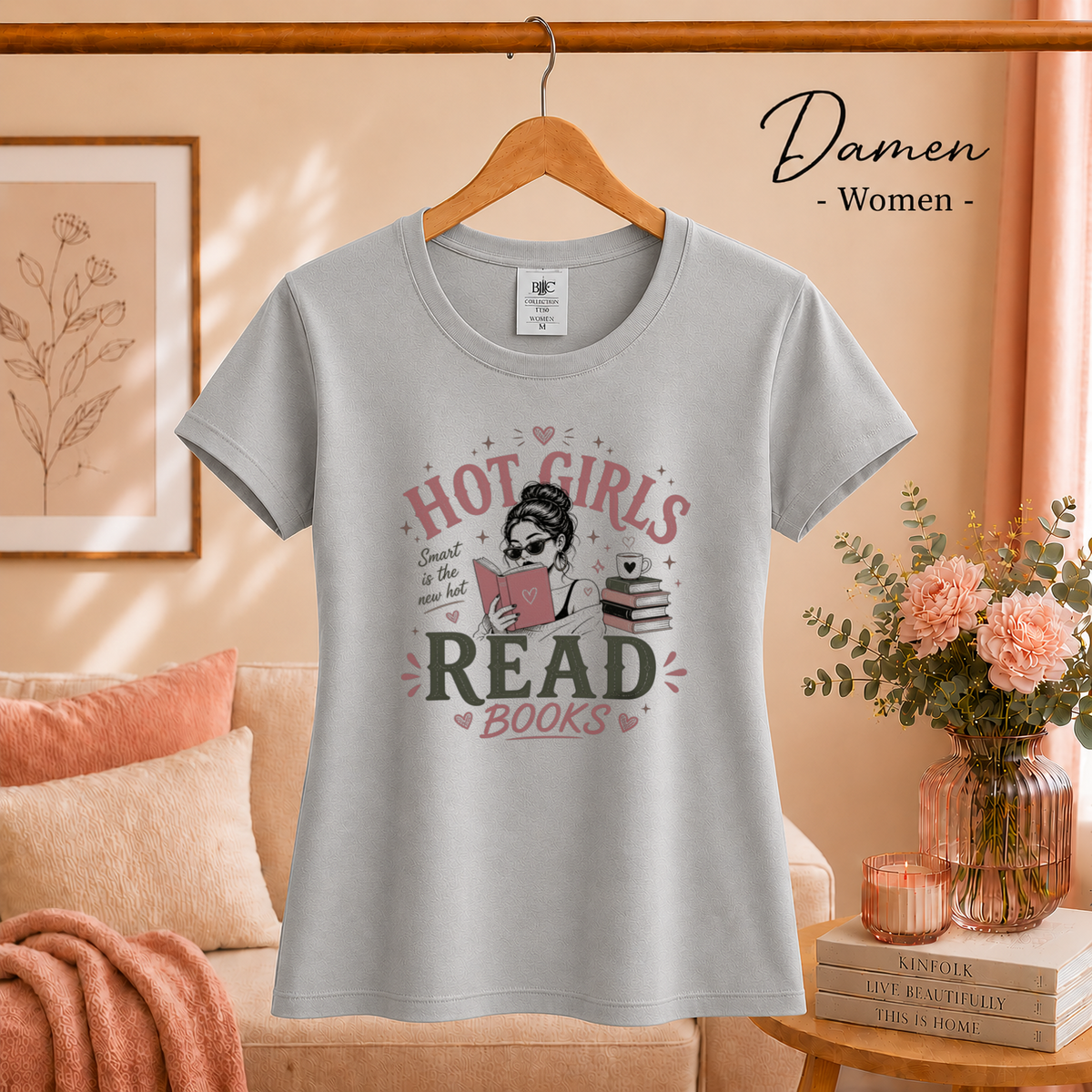 Damen Grau – T-Shirt mit „Hot Girls Read Books“ Aufdruck | Statement-Design für Leseratten und Bücherwürmer