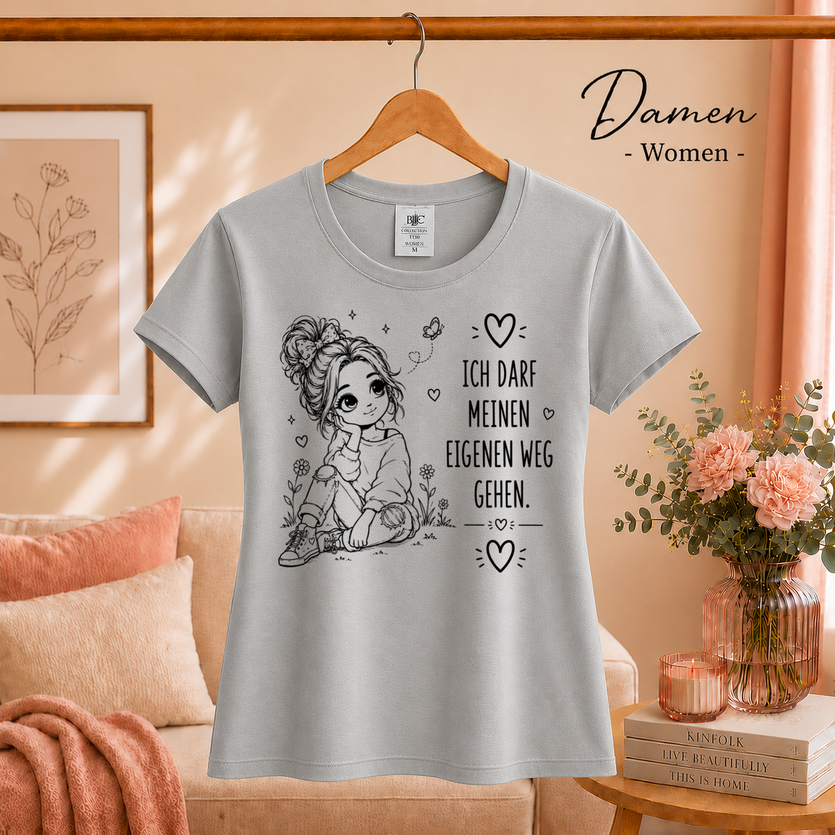 Damen Grau – T-Shirt mit Statement-Spruch 'Ich darf meinen eigenen Weg gehen' | Süße Mädchen-Illustration