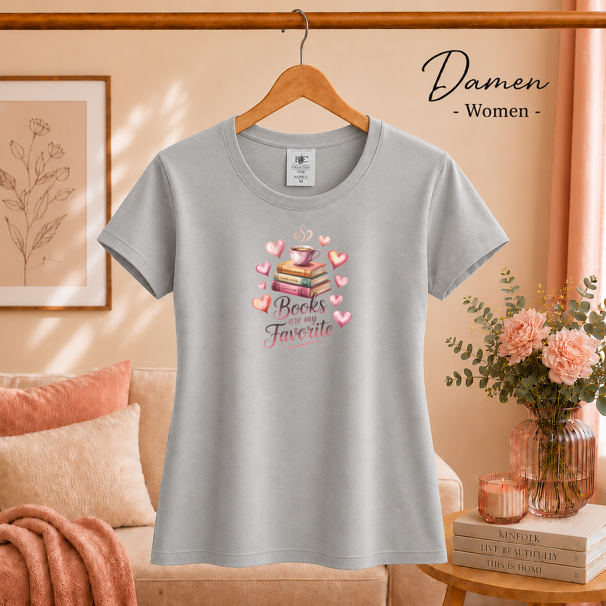 Damen Grau – T-Shirt 'Books are my Favorite' | Romantisches Bücherwurm-Design mit Kaffee & Herzen
