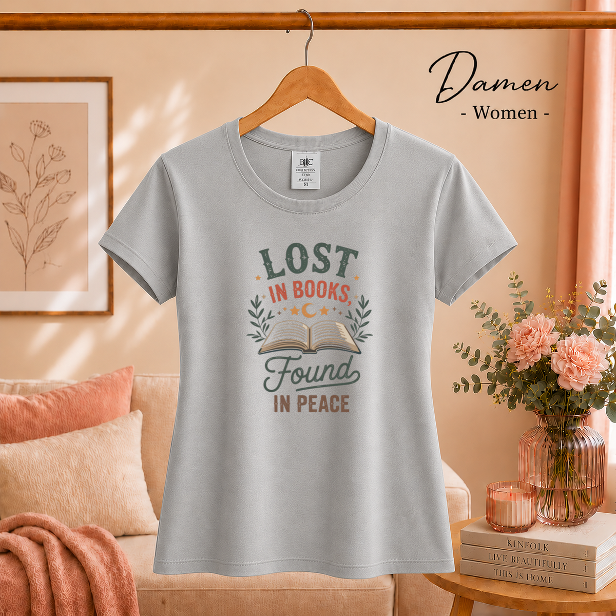 Damen Grau – T-Shirt mit Buch-Motiv und Spruch 'Lost in Books, Found in Peace' im Vintage-Stil