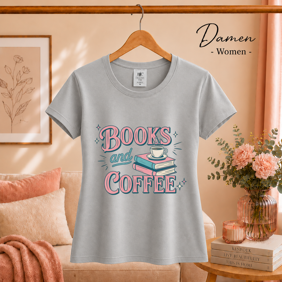 Damen Grau – Books and Coffee T-Shirt | Charmantes Design für Leseratten & Kaffeefans
