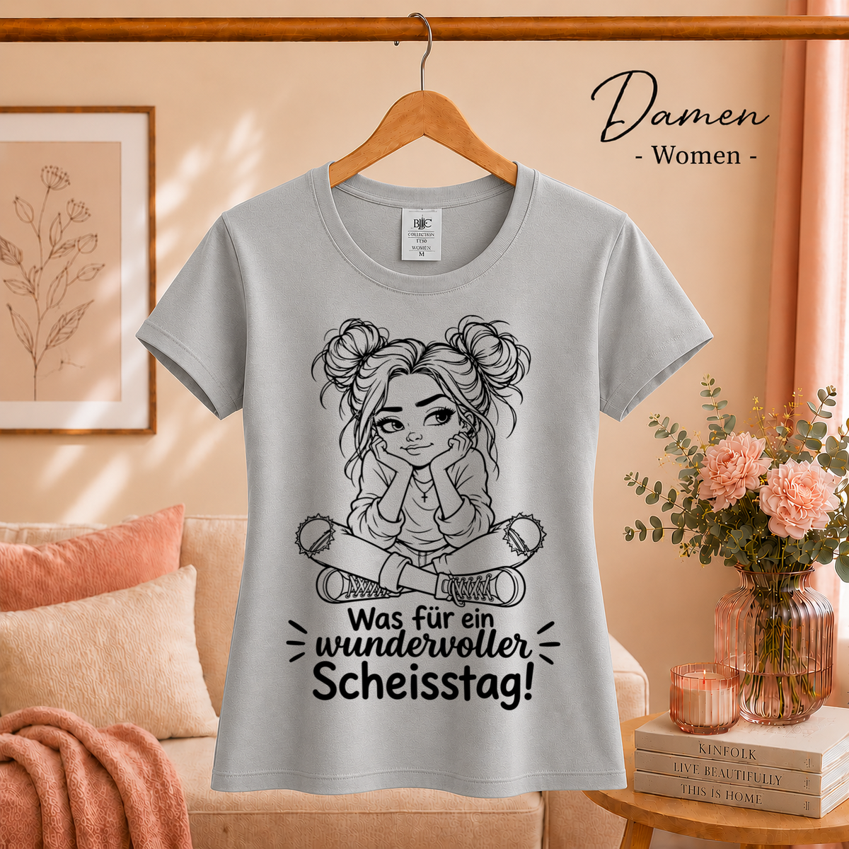 Damen Grau – T-Shirt mit sarkastischem Spruch 'Wundervoller Scheisstag' & rebellischer Cartoon-Figur