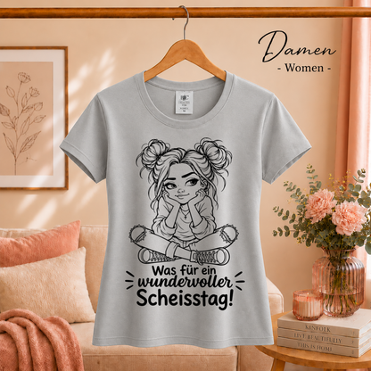 Damen Grau – T-Shirt mit sarkastischem Spruch 'Wundervoller Scheisstag' & rebellischer Cartoon-Figur