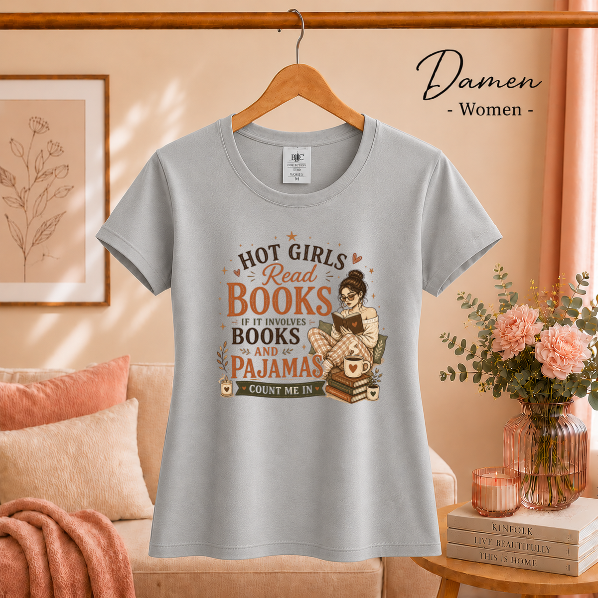 Damen Grau – T-Shirt mit Spruch 'Hot Girls Read Books' | Design für Leseratten und Bücherwürmer im Pyjama