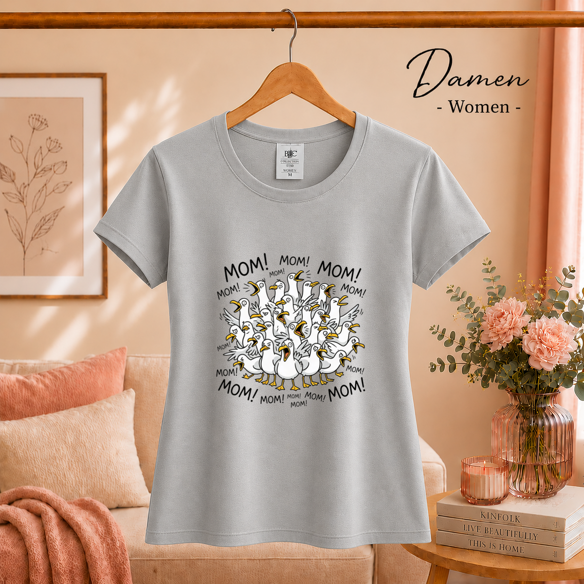Damen Grau – T-Shirt mit schreienden Möwen 'Mom! Mom! Mom!' - Lustiges Comic-Design