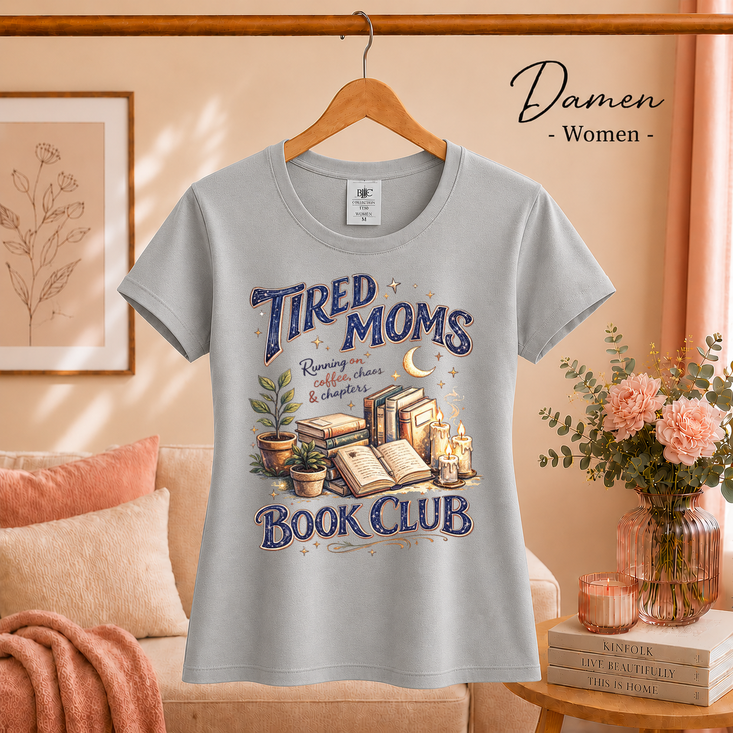 Damen Grau – Tired Moms Book Club T-Shirt | Kaffee, Bücher & Chaos Motiv