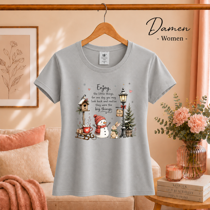 Damen Grau – T-Shirt 'Enjoy the little things' mit Aquarell-Schneemann und Winter-Szene